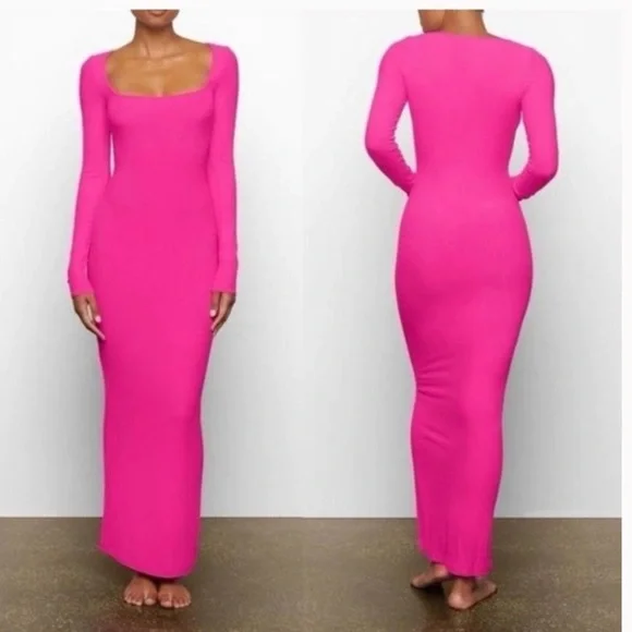 NWT Skims Soft Lounge Long Sleeve Maxi Dress in Hot Pink Size Medium - Picture 2 of 12
